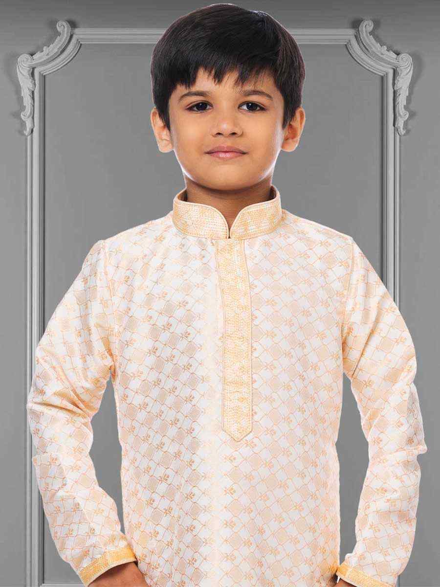 White Jacquard Silk Embroidered Festival Kurta Pyjama Boys Wear