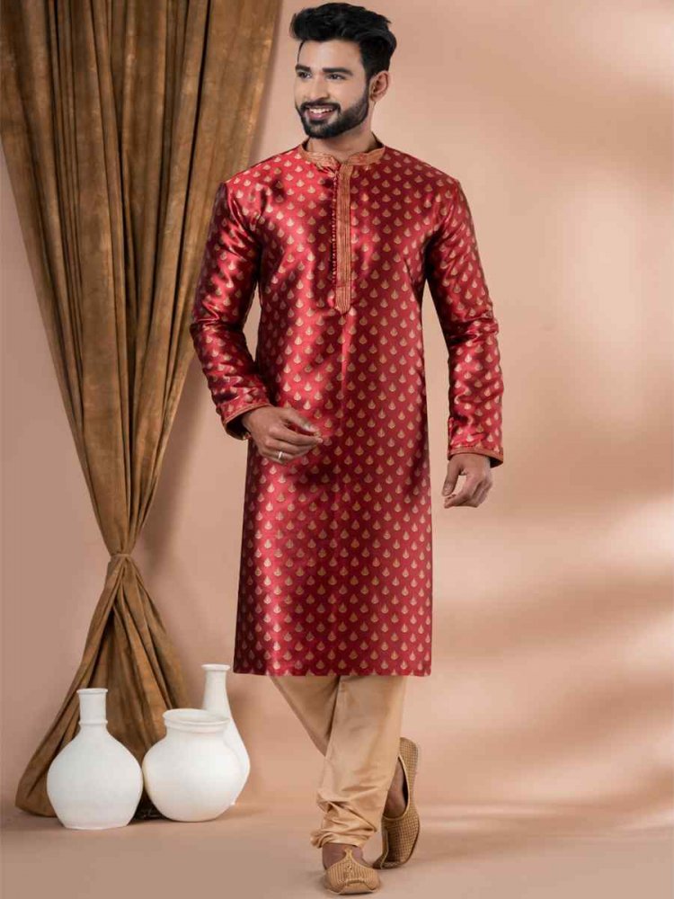 White Jacquard Silk Embroidered Festival Party Kurta