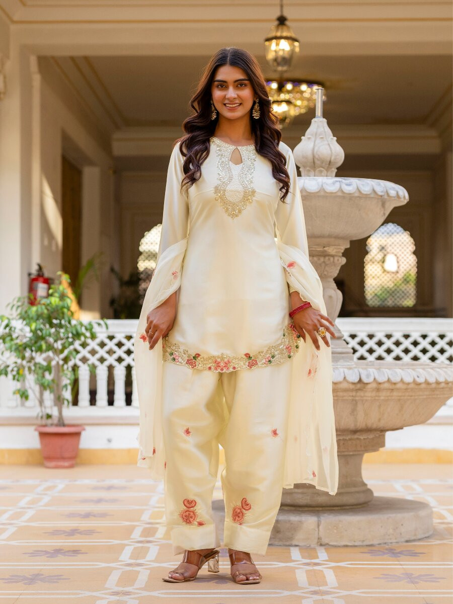 White Japan Satin Embroidery Wedding Party Festival Casual Ready Palazzo Pant Salwar Kameez
