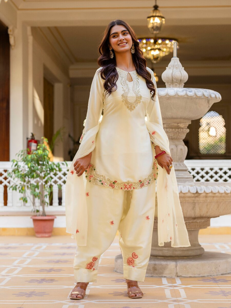 White Japan Satin Embroidery Wedding Party Festival Casual Ready Palazzo Pant Salwar Kameez