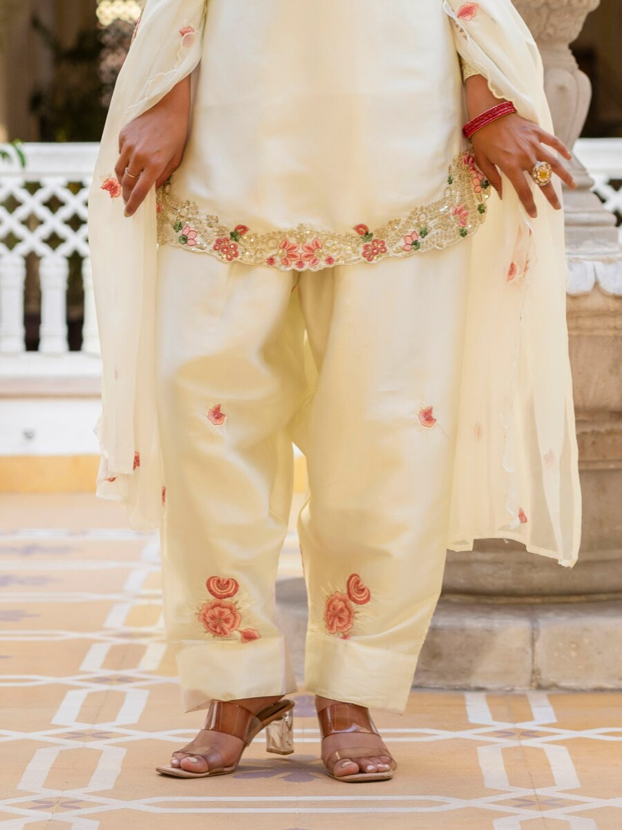 White Japan Satin Embroidery Wedding Party Festival Casual Ready Palazzo Pant Salwar Kameez