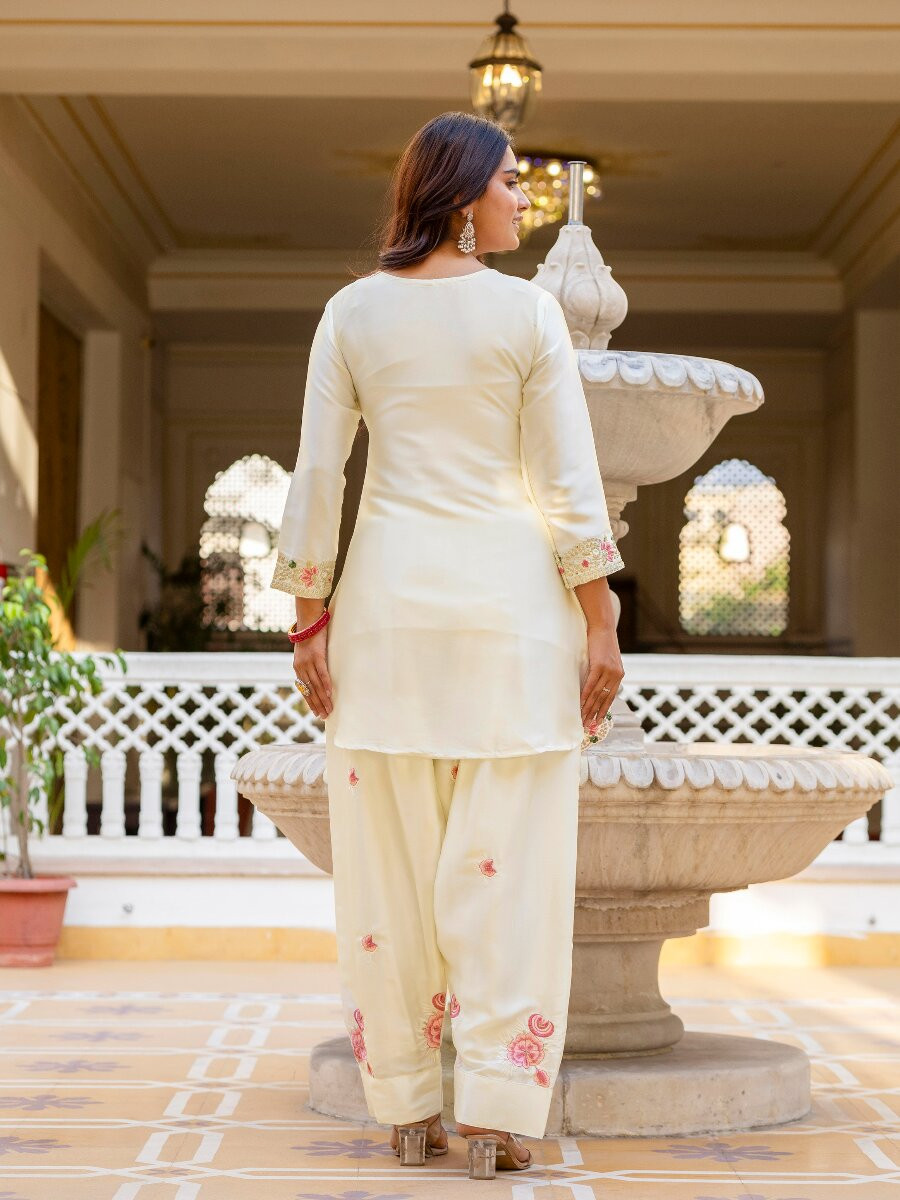 White Japan Satin Embroidery Wedding Party Festival Casual Ready Palazzo Pant Salwar Kameez