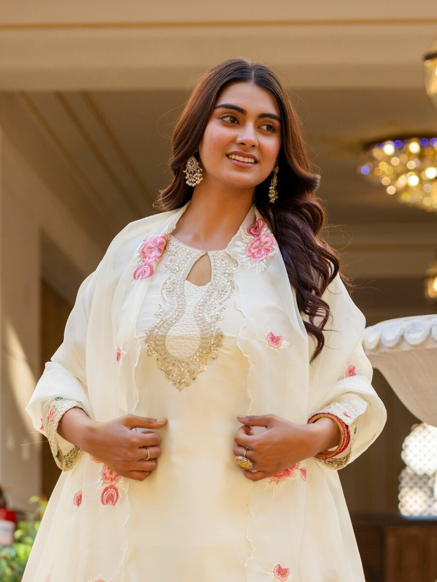 White Japan Satin Embroidery Wedding Party Festival Casual Ready Palazzo Pant Salwar Kameez