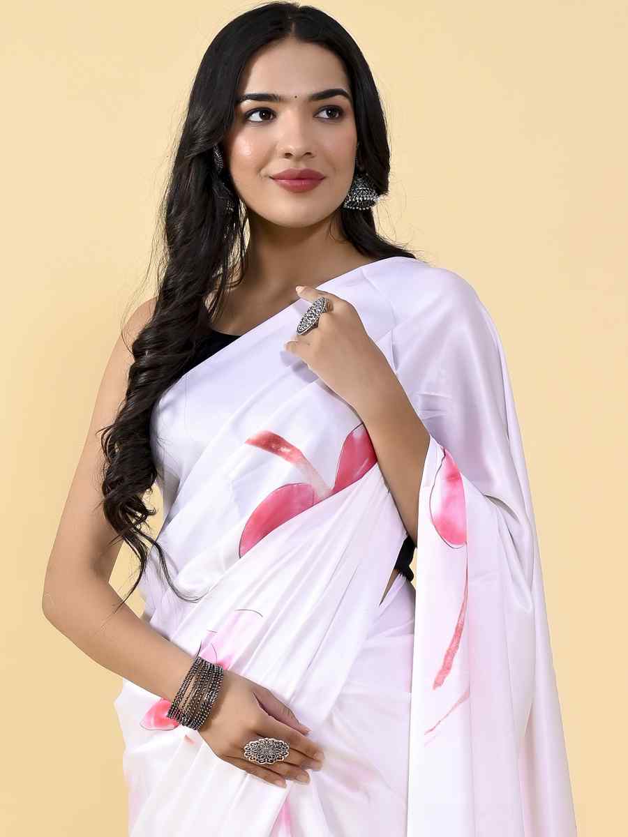 White Japan Satin Silk Printed Casual Party Contemporary Saree