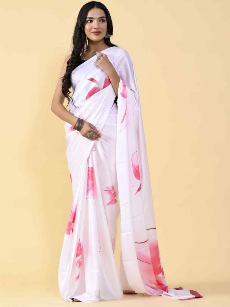 White Japan Satin Silk Printed Casual Party Contemporary Saree