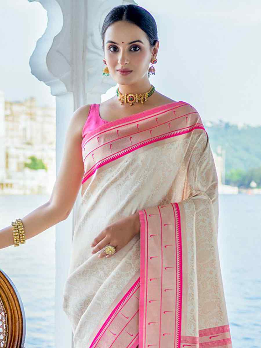 White Kanjivaram Silk Handwoven Wedding Festival Heavy Border Saree