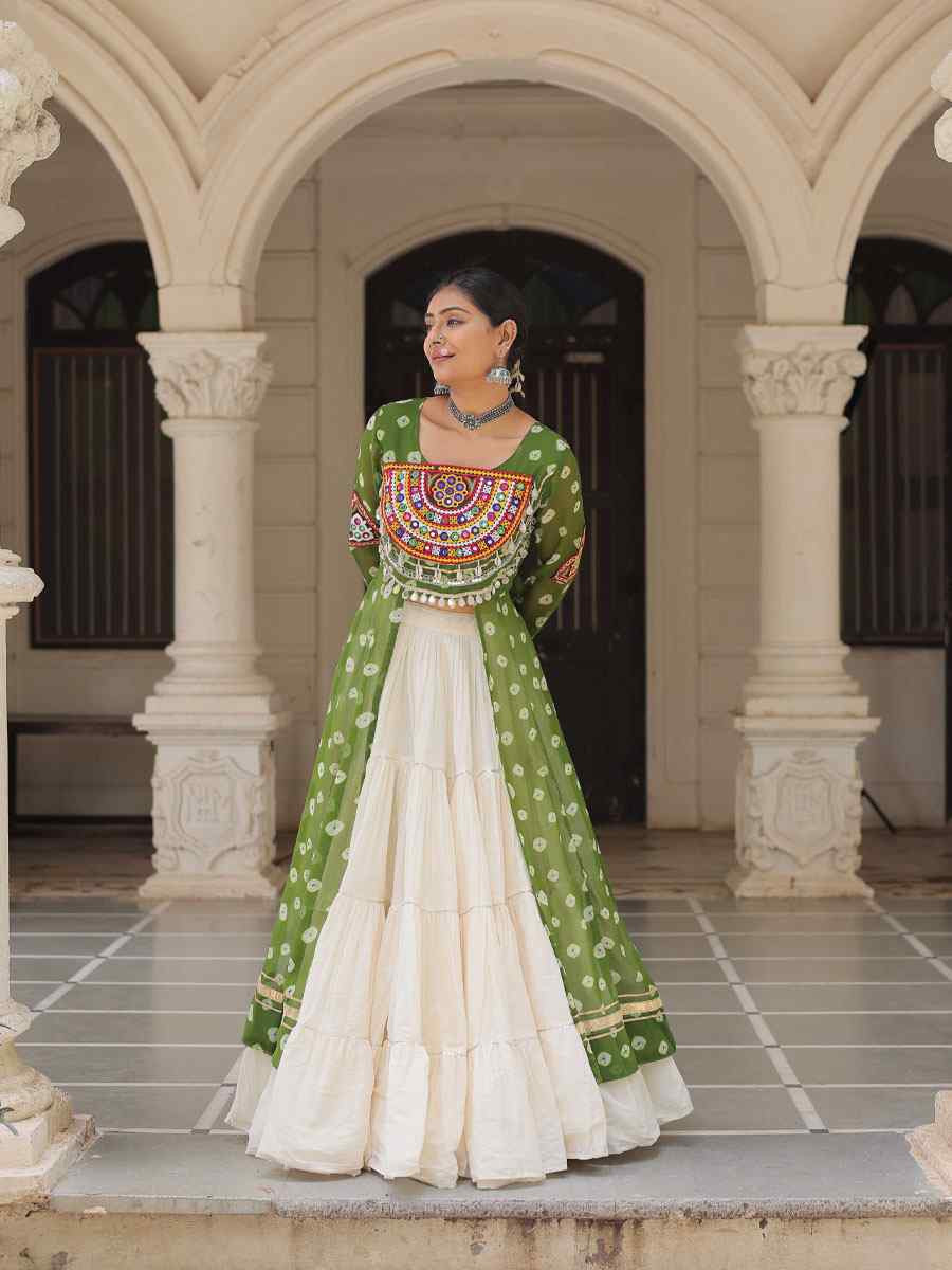 White Kora Cotton Embroidered Festival Traditional Kurti Lehenga Choli
