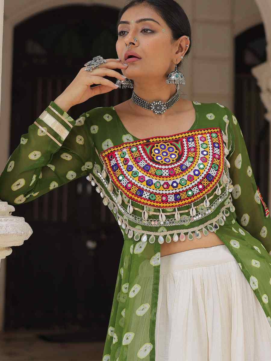 White Kora Cotton Embroidered Festival Traditional Kurti Lehenga Choli