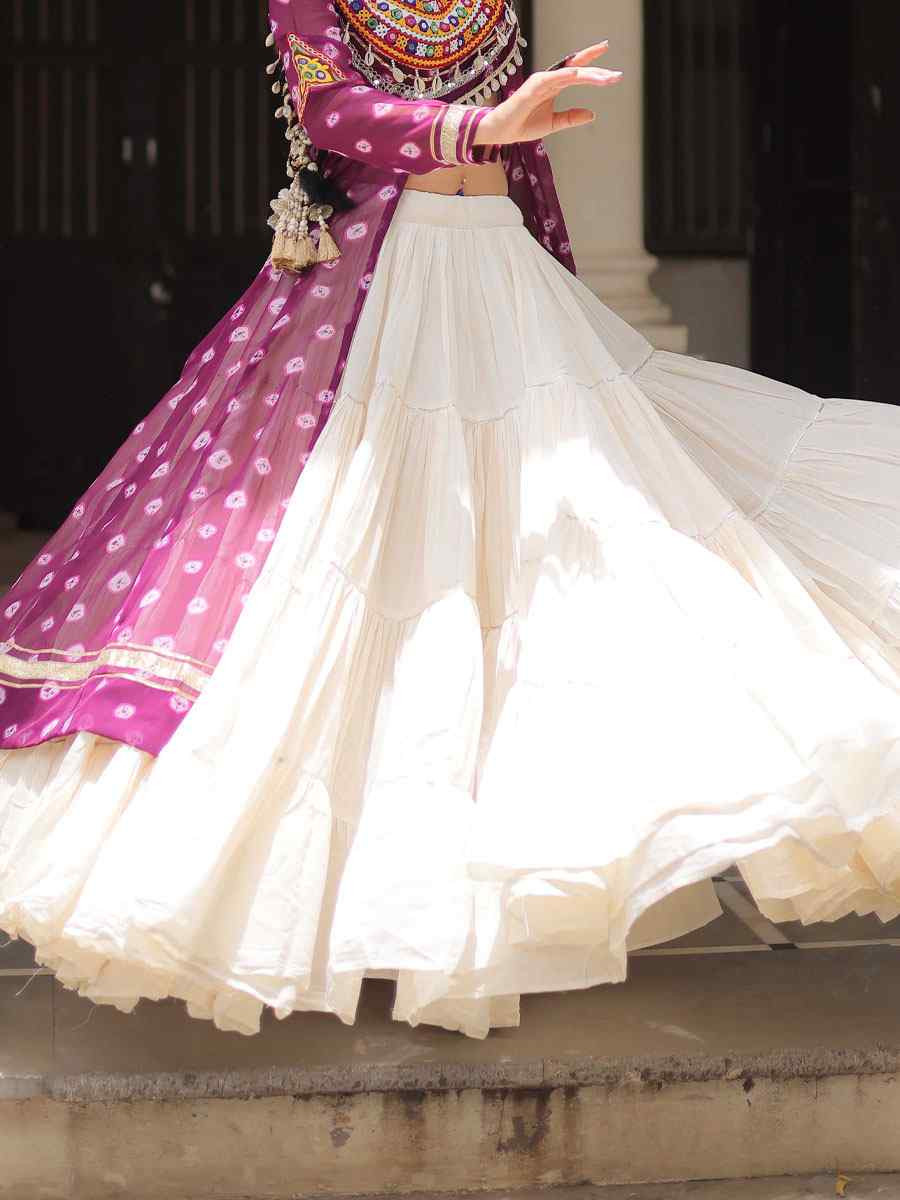 White Kora Cotton Embroidered Festival Traditional Kurti Lehenga Choli