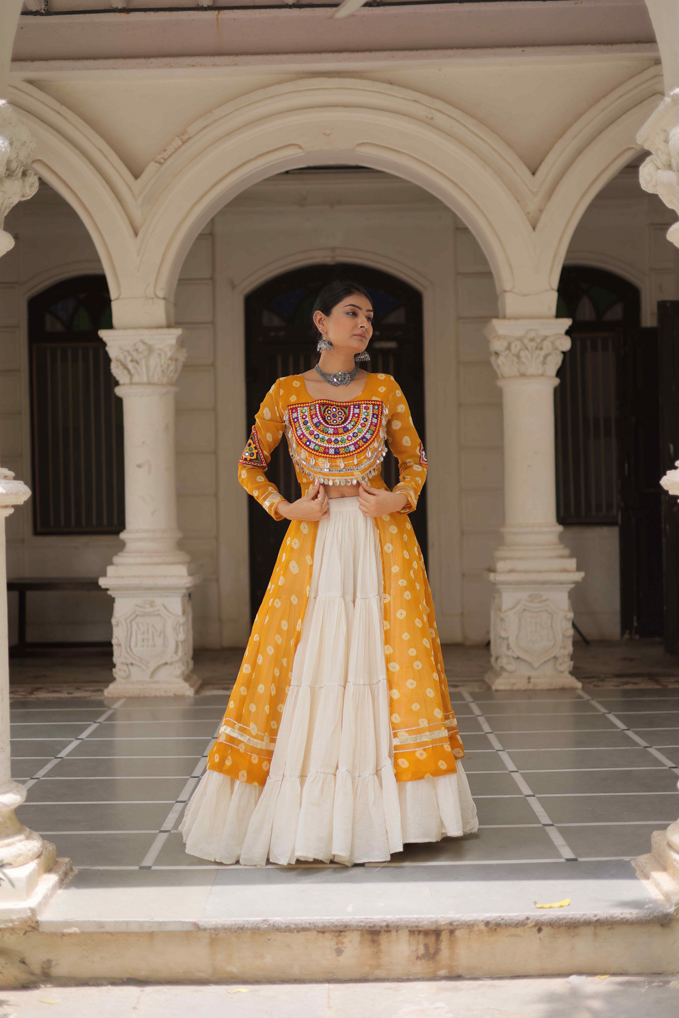 White Kora Cotton Embroidered Festival Traditional Kurti Lehenga Choli