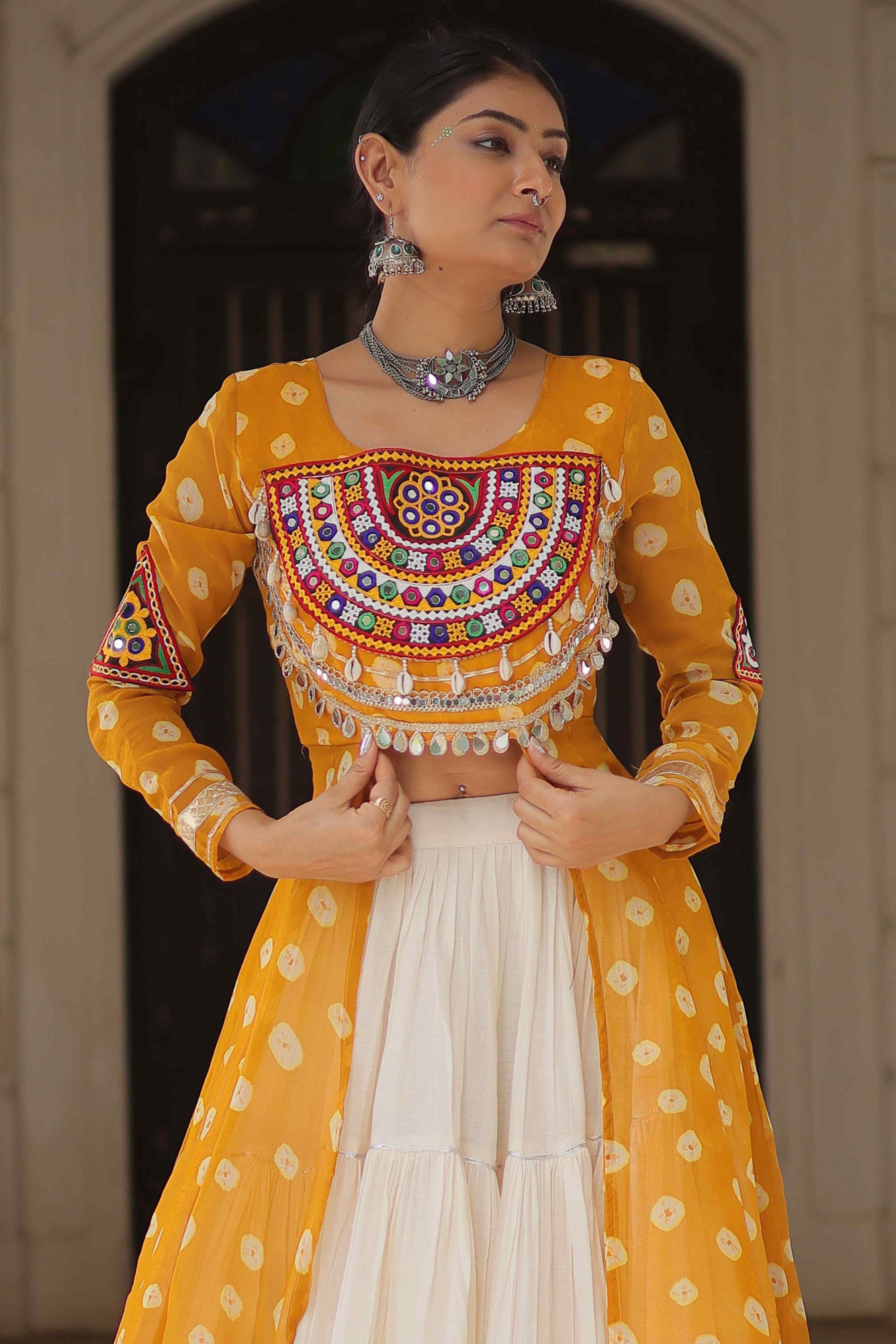 White Kora Cotton Embroidered Festival Traditional Kurti Lehenga Choli