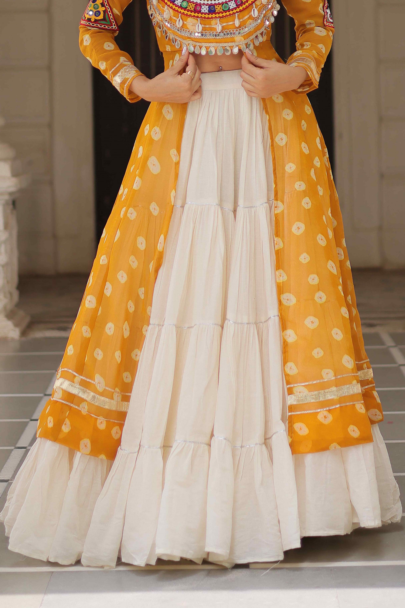 White Kora Cotton Embroidered Festival Traditional Kurti Lehenga Choli