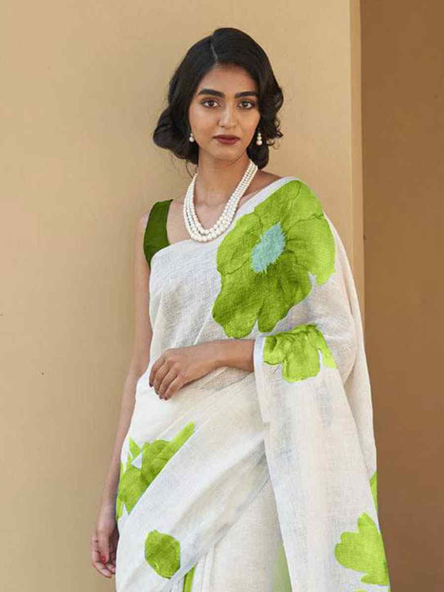 White Linen Cotton Floral Printed Casual Reception Festival Wedding Fancy Classic Style Sarees
