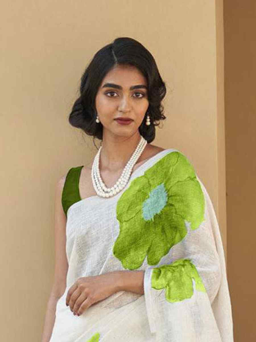 White Linen Cotton Floral Printed Casual Reception Festival Wedding Fancy Classic Style Sarees