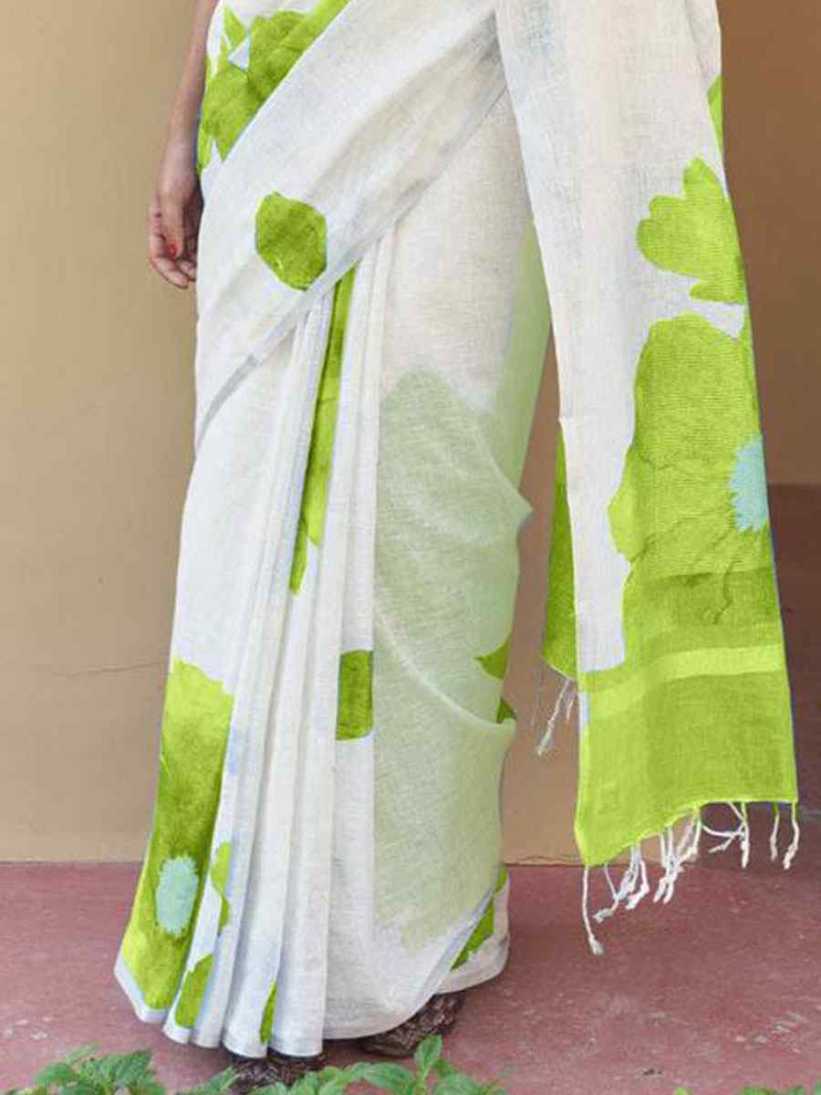 White Linen Cotton Floral Printed Casual Reception Festival Wedding Fancy Classic Style Sarees