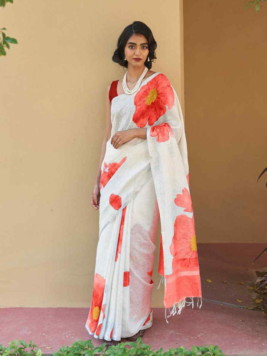White Linen Cotton Floral Printed Casual Reception Festival Wedding Fancy Classic Style Sarees