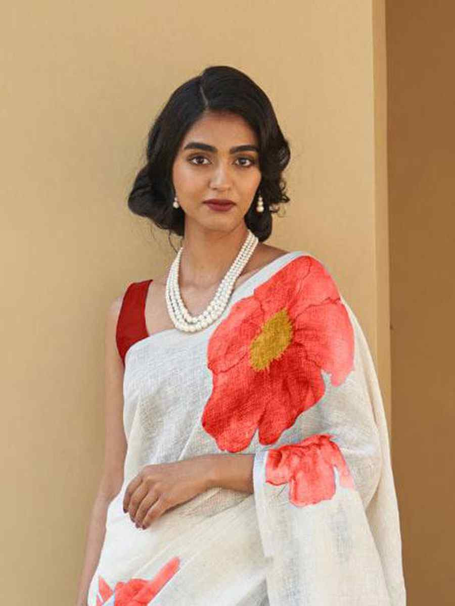 White Linen Cotton Floral Printed Casual Reception Festival Wedding Fancy Classic Style Sarees