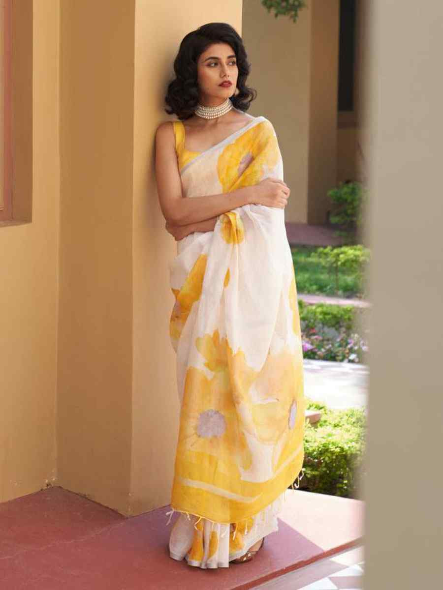 White Linen Cotton Floral Printed Casual Reception Festival Wedding Fancy Classic Style Sarees