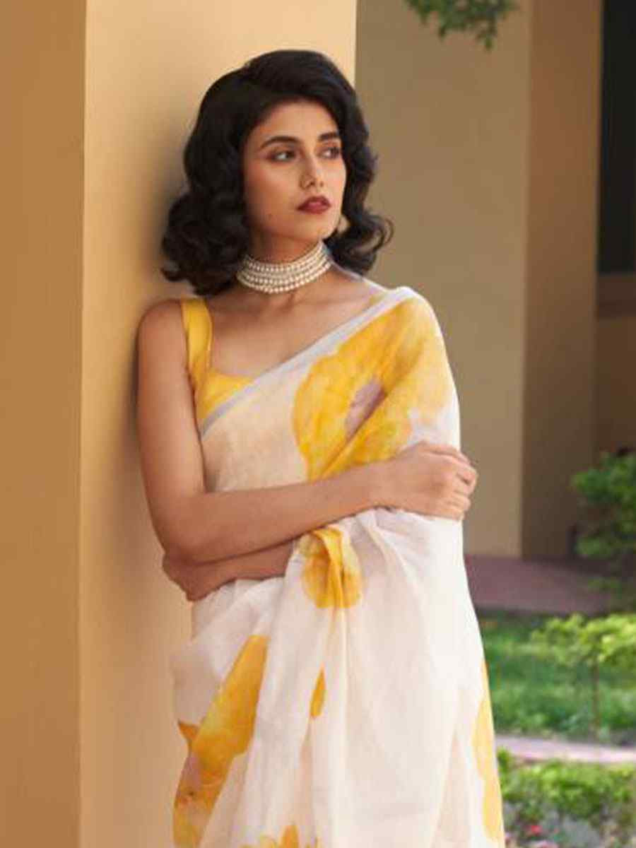 White Linen Cotton Floral Printed Casual Reception Festival Wedding Fancy Classic Style Sarees