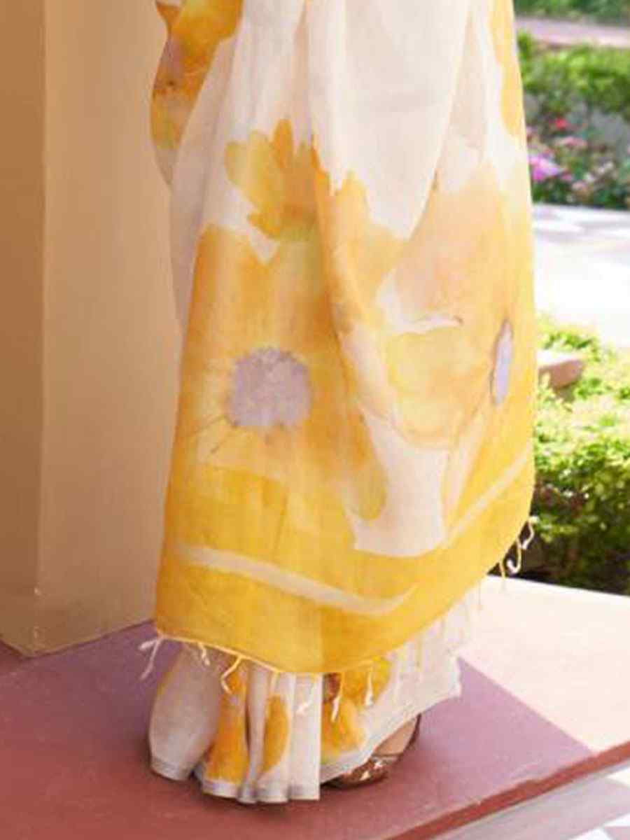 White Linen Cotton Floral Printed Casual Reception Festival Wedding Fancy Classic Style Sarees