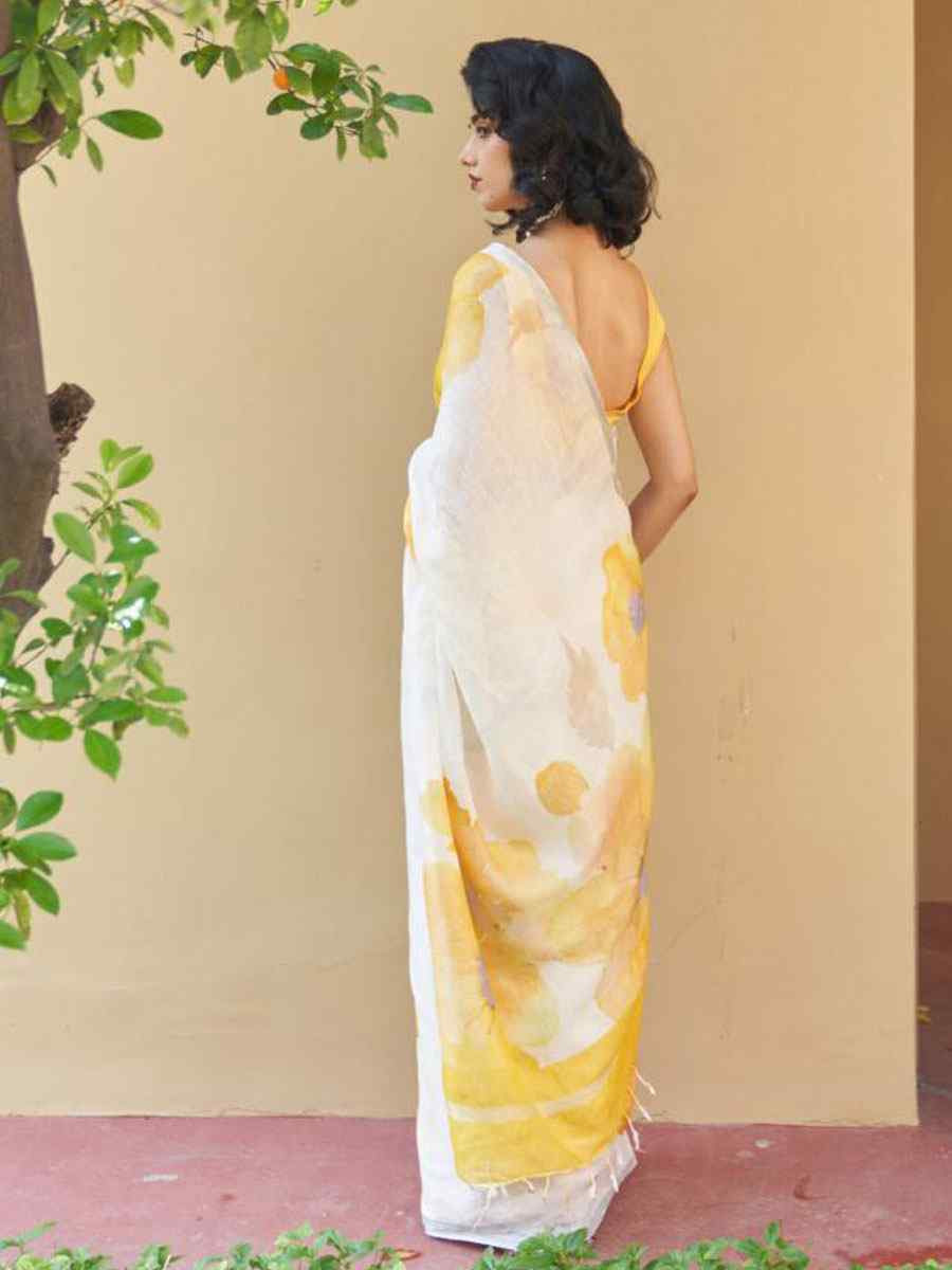 White Linen Cotton Floral Printed Casual Reception Festival Wedding Fancy Classic Style Sarees