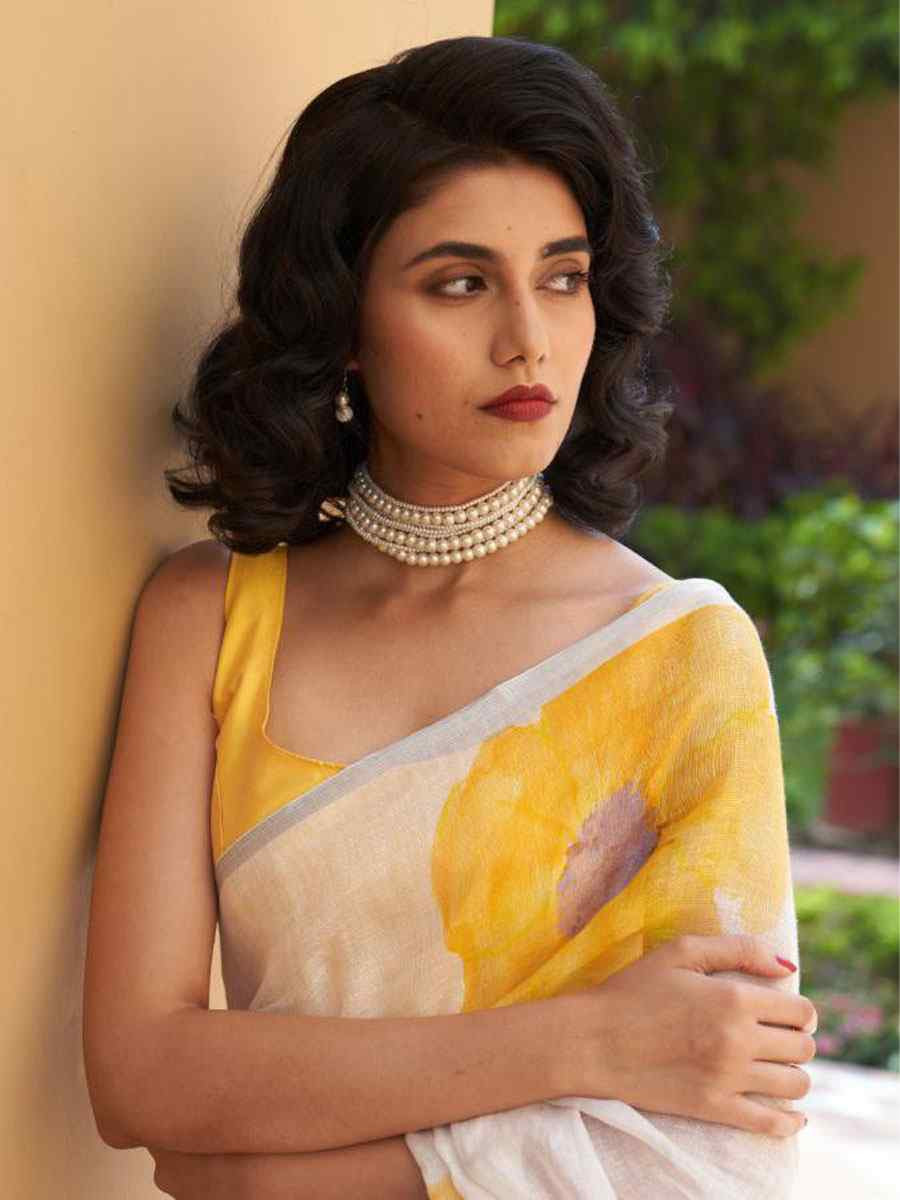 White Linen Cotton Floral Printed Casual Reception Festival Wedding Fancy Classic Style Sarees