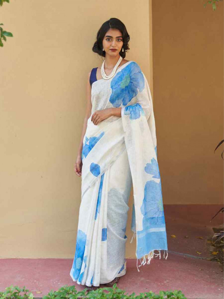 Image of White Linen Cotton Floral Printed Casual Reception Festival Wedding Fancy Classic Style Sarees