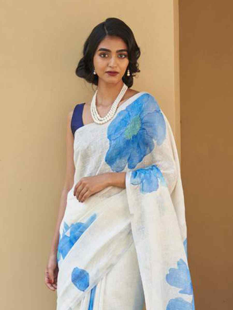 White Linen Cotton Floral Printed Casual Reception Festival Wedding Fancy Classic Style Sarees