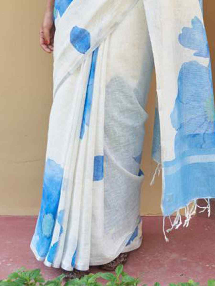 White Linen Cotton Floral Printed Casual Reception Festival Wedding Fancy Classic Style Sarees