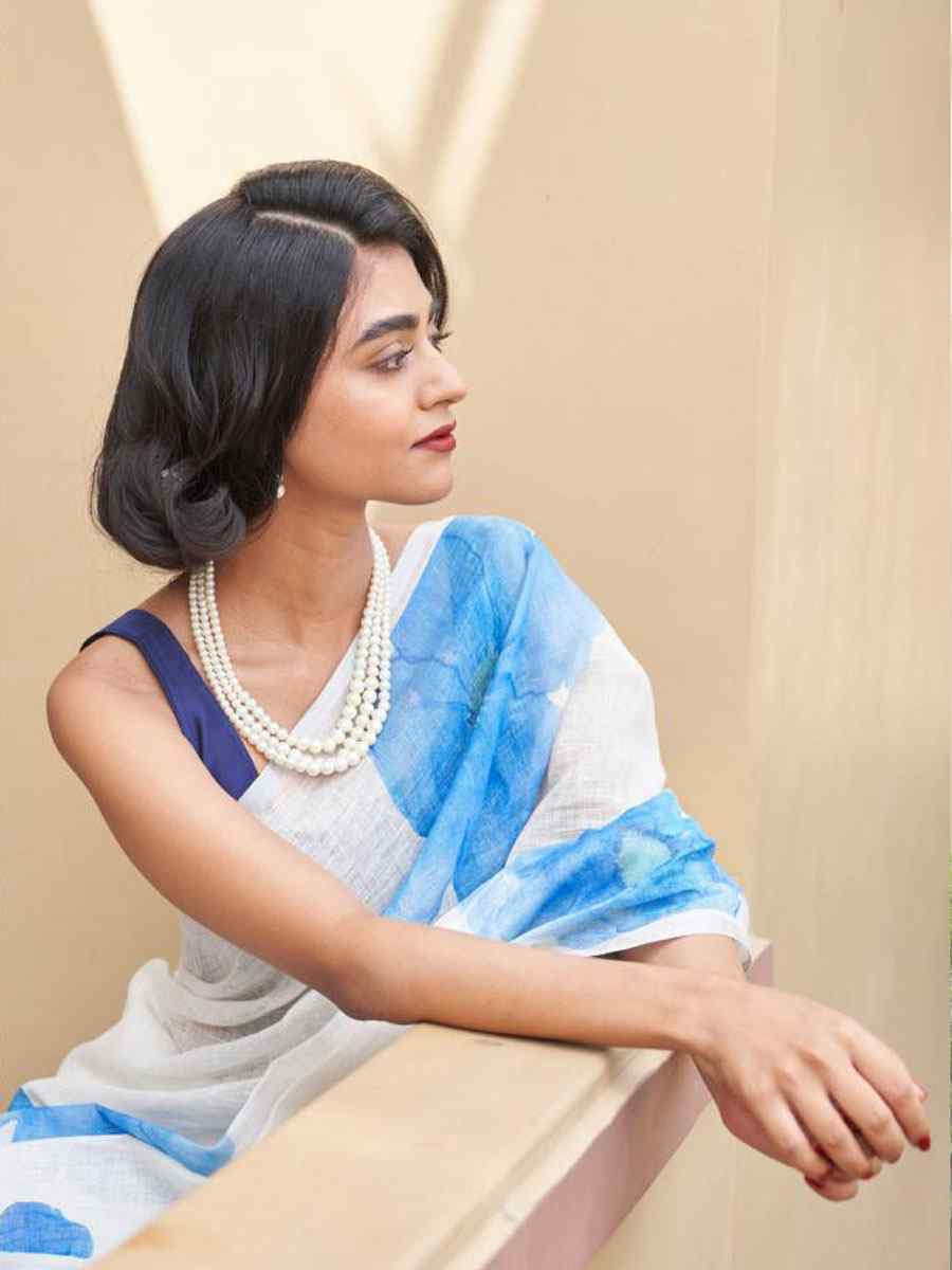 White Linen Cotton Floral Printed Casual Reception Festival Wedding Fancy Classic Style Sarees