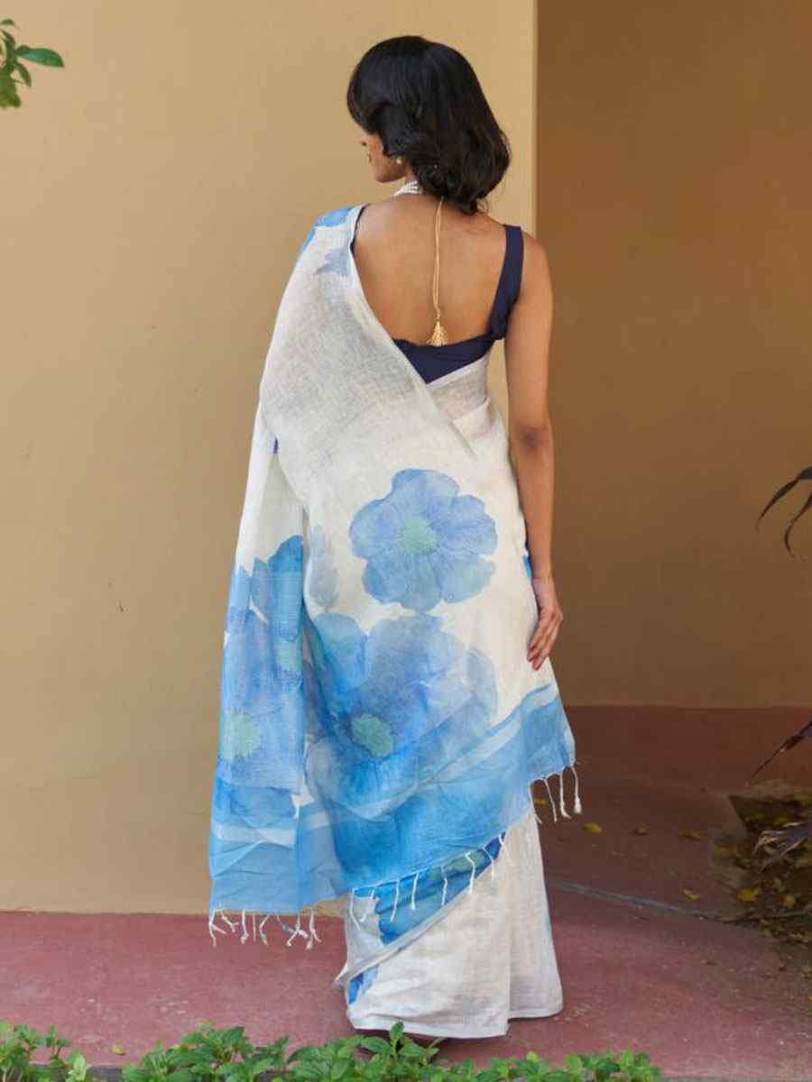 White Linen Cotton Floral Printed Casual Reception Festival Wedding Fancy Classic Style Sarees
