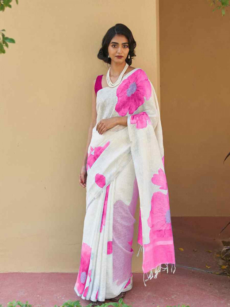 Image of White Linen Cotton Floral Printed Casual Reception Festival Wedding Fancy Classic Style Sarees