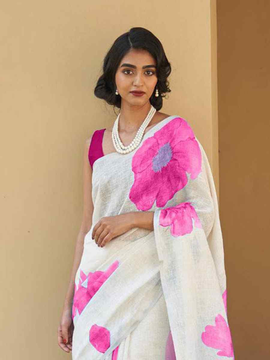 White Linen Cotton Floral Printed Casual Reception Festival Wedding Fancy Classic Style Sarees