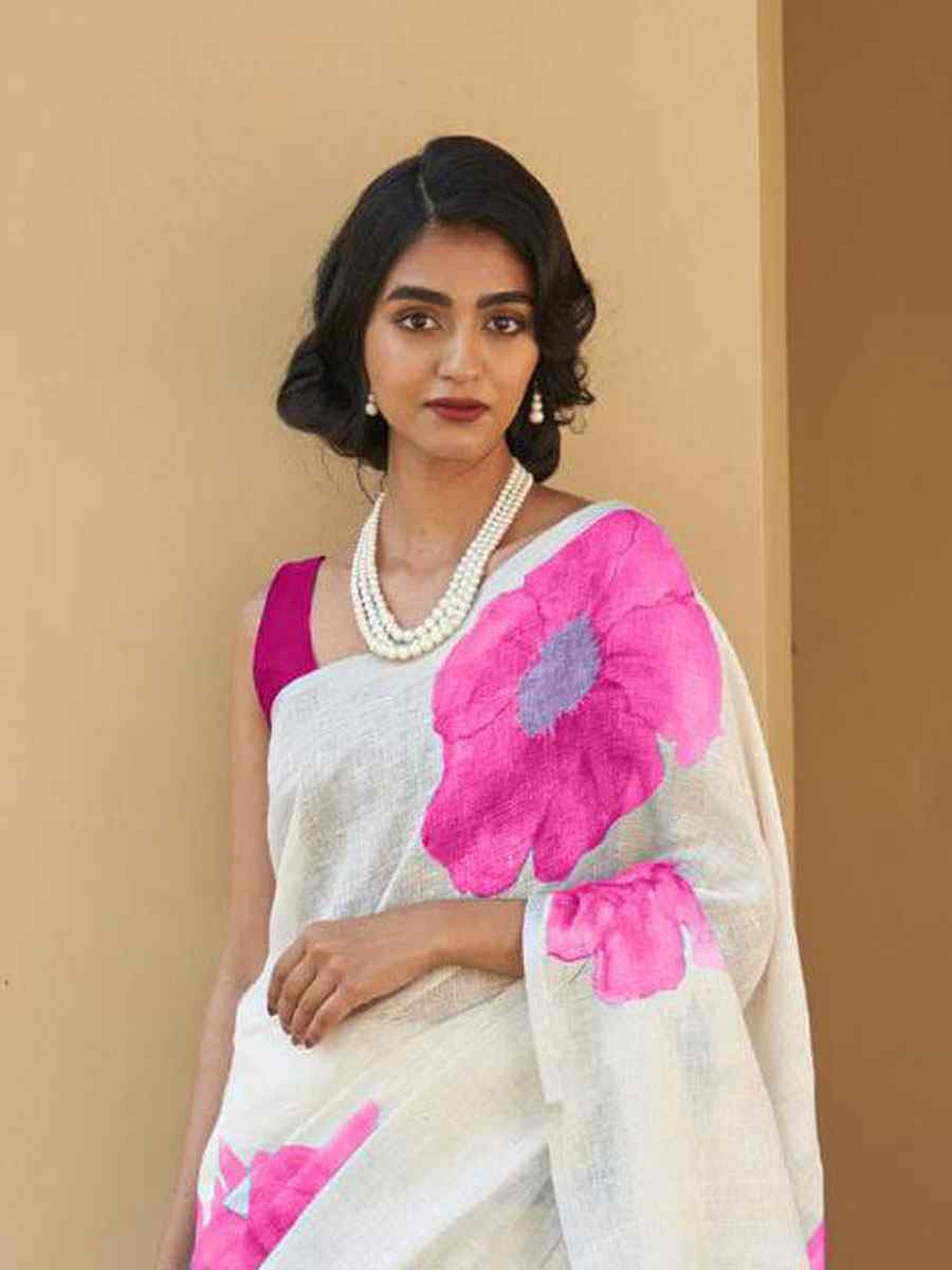White Linen Cotton Floral Printed Casual Reception Festival Wedding Fancy Classic Style Sarees