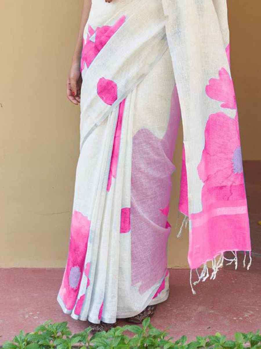 White Linen Cotton Floral Printed Casual Reception Festival Wedding Fancy Classic Style Sarees