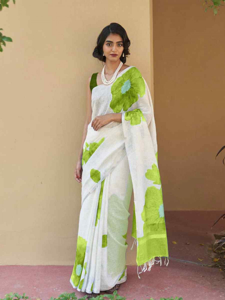 Image of White Linen Cotton Floral Printed Casual Reception Festival Wedding Fancy Classic Style Sarees