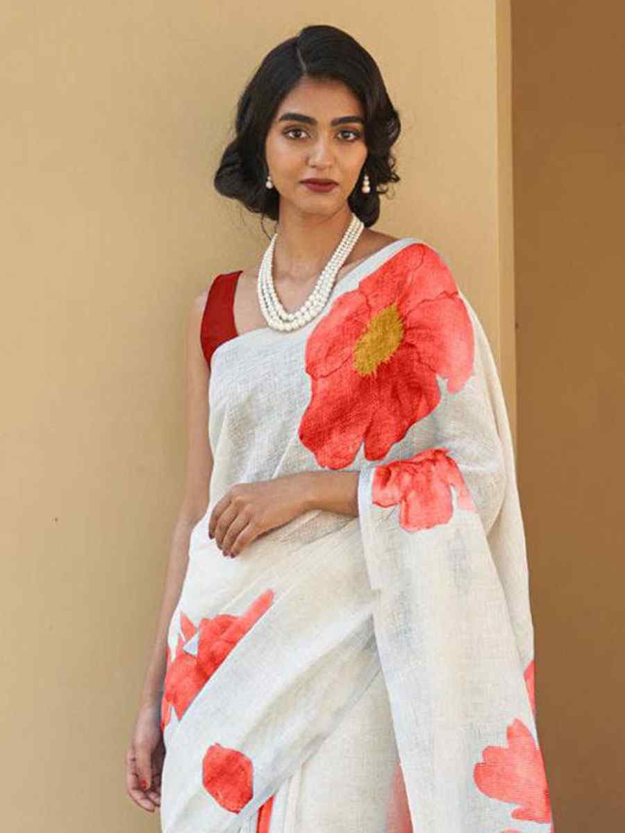 White Linen Cotton Floral Printed Casual Reception Festival Wedding Fancy Classic Style Sarees