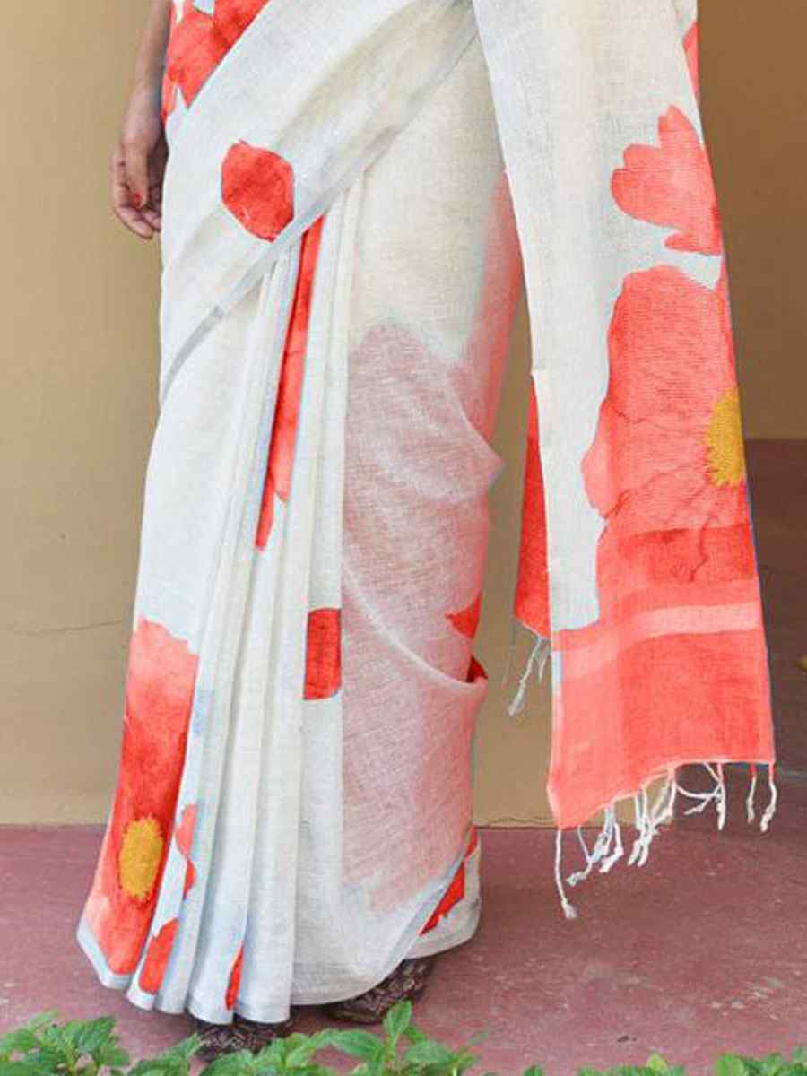 White Linen Cotton Floral Printed Casual Reception Festival Wedding Fancy Classic Style Sarees