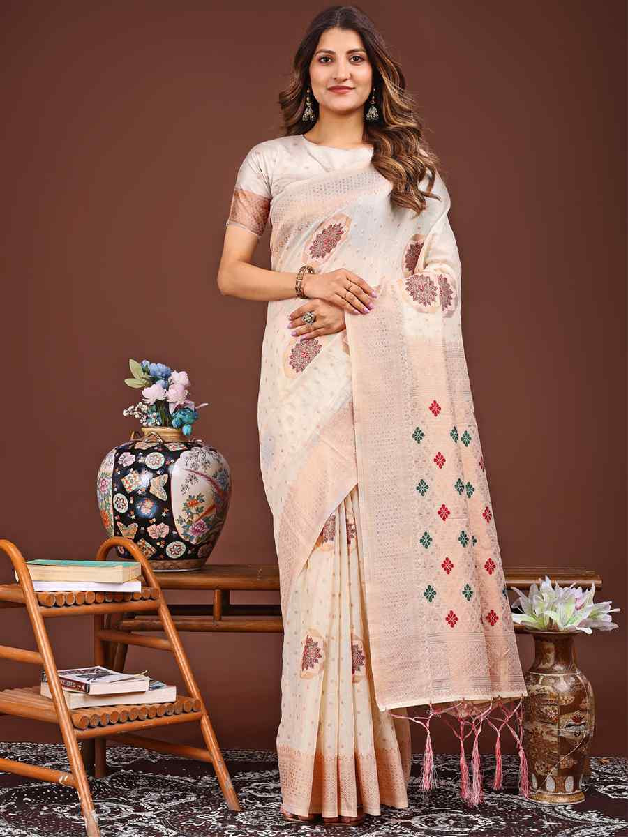 White Linen Cotton Handwoven Festival Wedding Fancy Heavy Border Saree