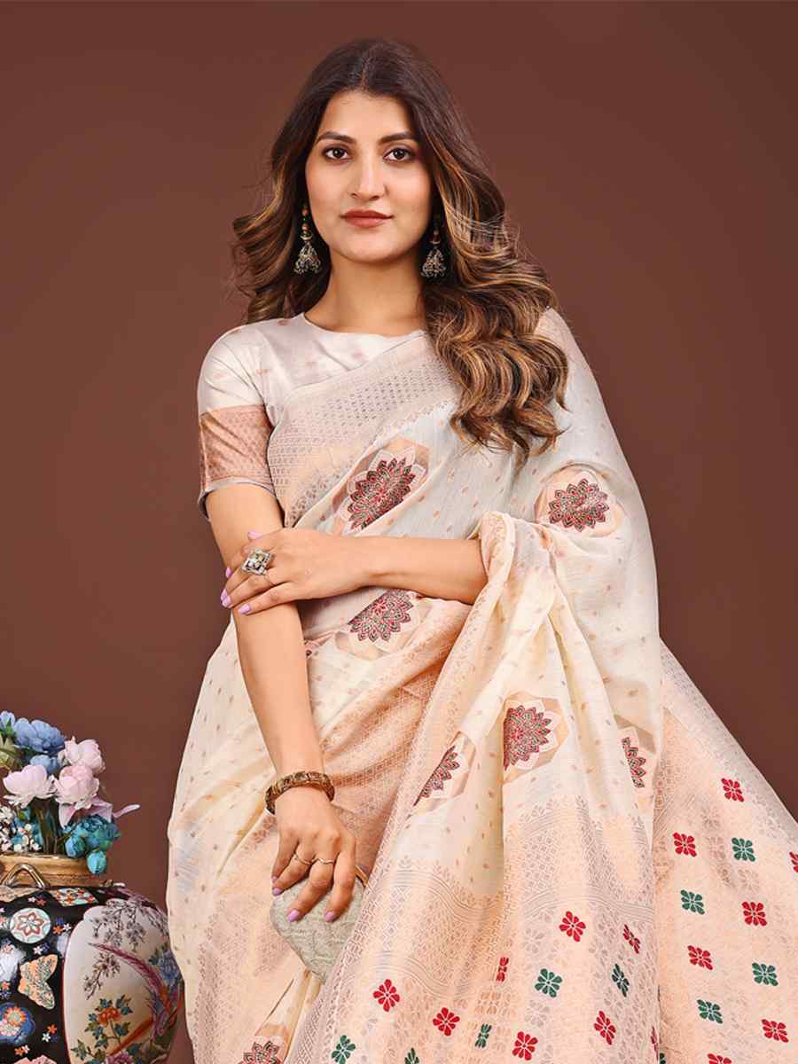 White Linen Cotton Handwoven Festival Wedding Fancy Heavy Border Saree