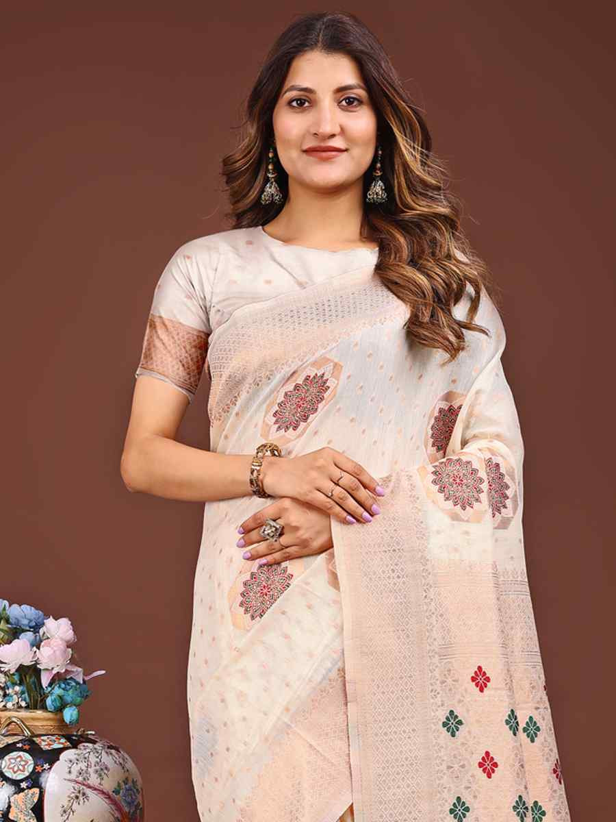 White Linen Cotton Handwoven Festival Wedding Fancy Heavy Border Saree