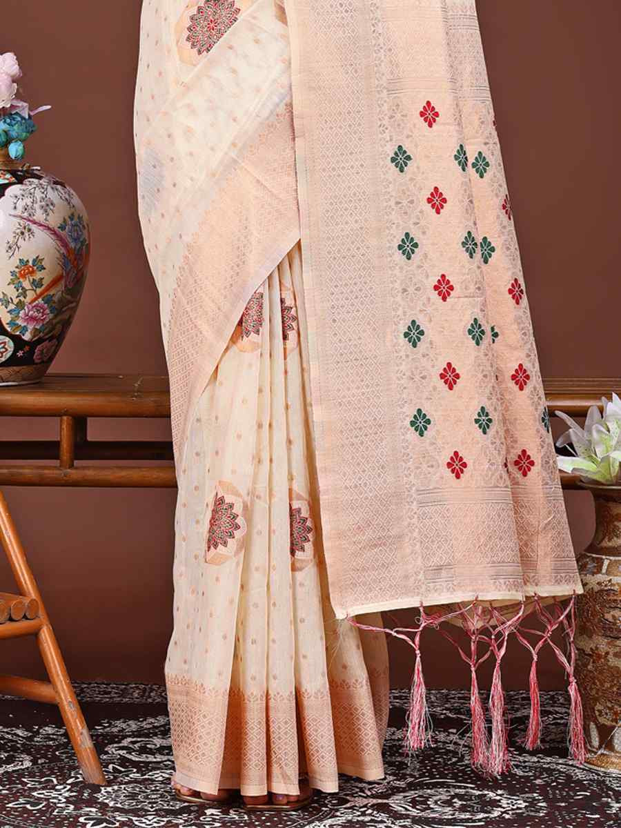 White Linen Cotton Handwoven Festival Wedding Fancy Heavy Border Saree