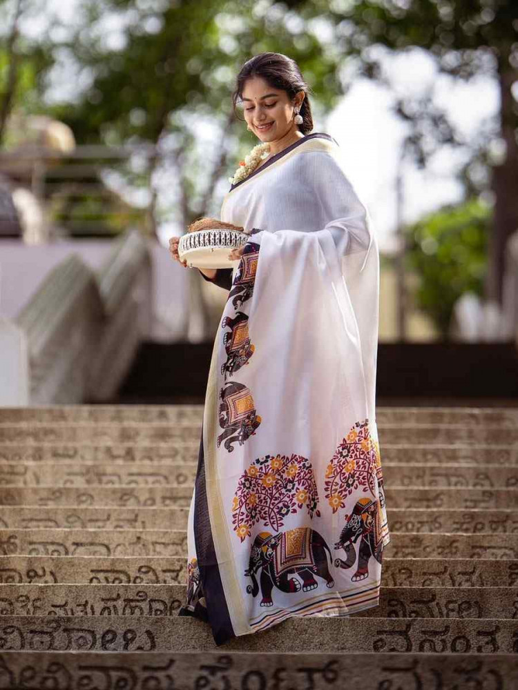 Image of White Linen Cotton Printed Causal Reception Festival Wedding Fancy Classic Style Saree