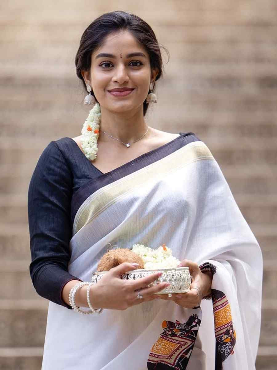 White Linen Cotton Printed Causal Reception Festival Wedding Fancy Classic Style Saree