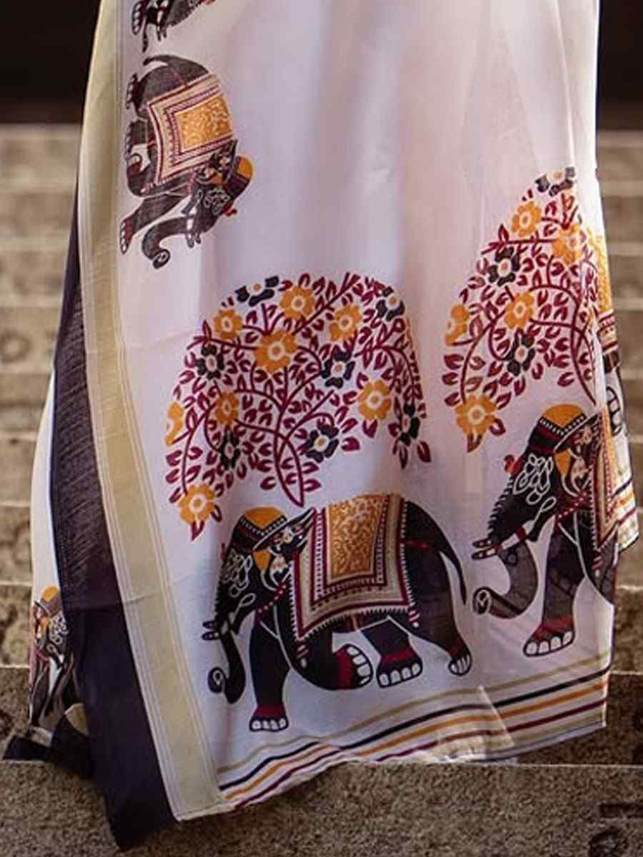White Linen Cotton Printed Causal Reception Festival Wedding Fancy Classic Style Saree