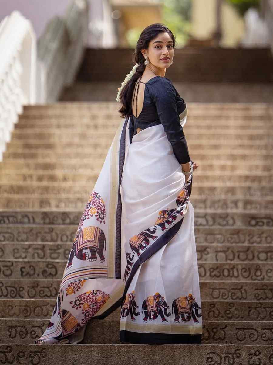 White Linen Cotton Printed Causal Reception Festival Wedding Fancy Classic Style Saree