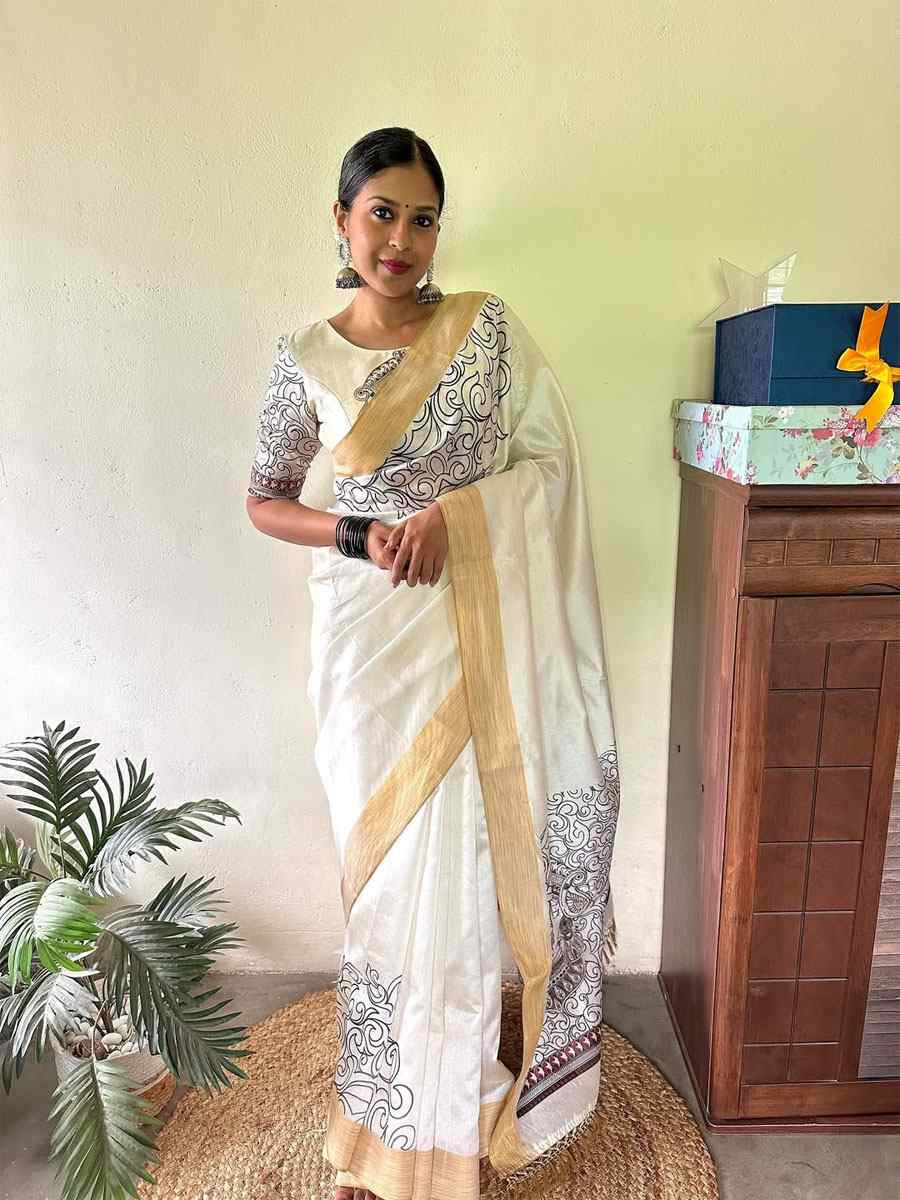 White Linen Cotton Printed Causal Reception Festival Wedding Fancy Classic Style Saree