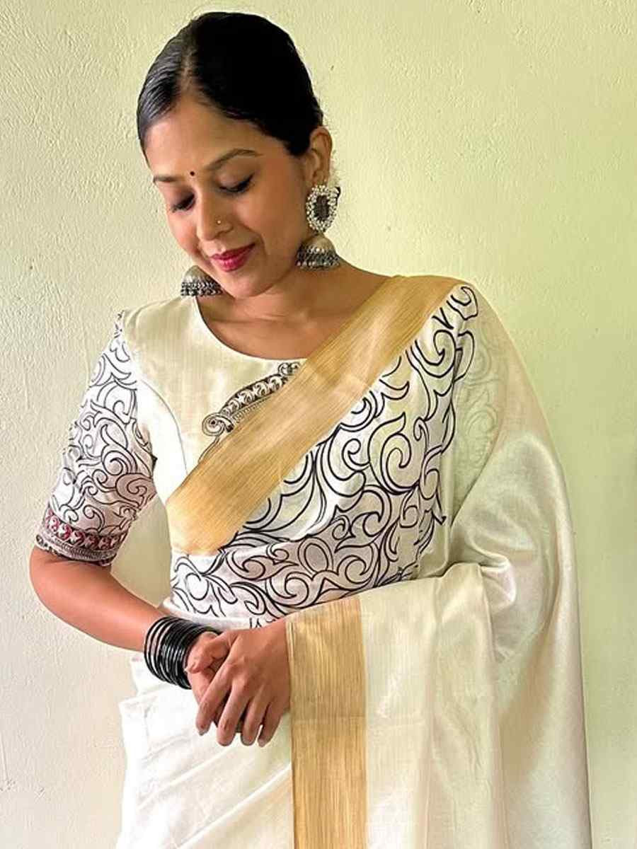 White Linen Cotton Printed Causal Reception Festival Wedding Fancy Classic Style Saree