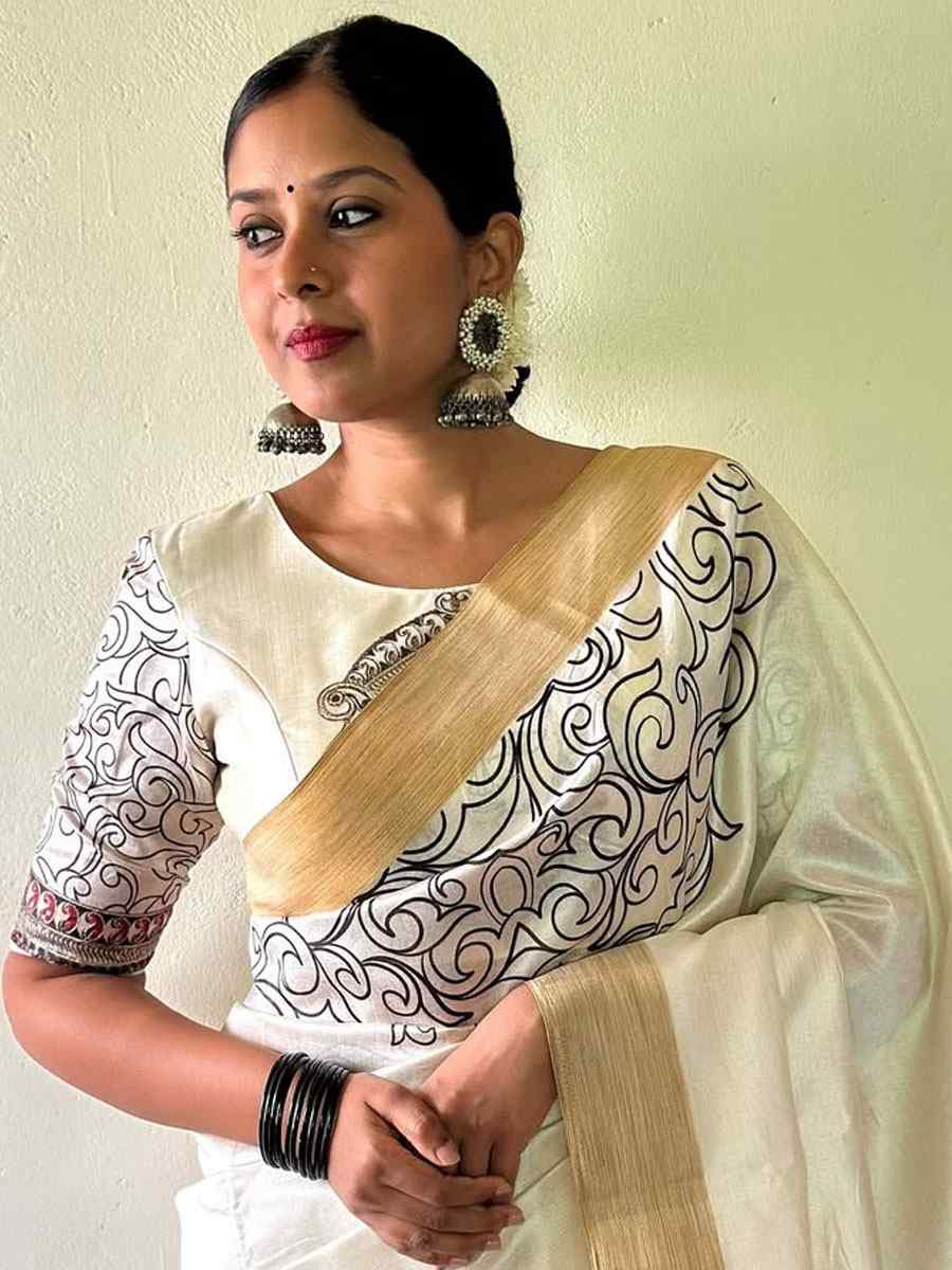 White Linen Cotton Printed Causal Reception Festival Wedding Fancy Classic Style Saree