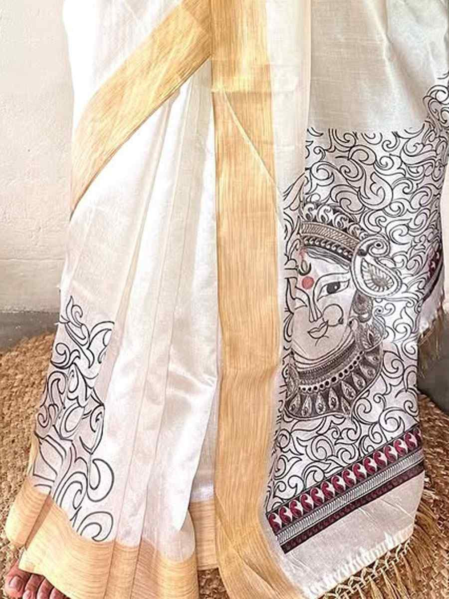 White Linen Cotton Printed Causal Reception Festival Wedding Fancy Classic Style Saree